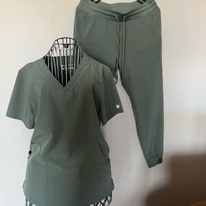 Olive Green Scrub Set - V-Neck Top & Drawstring Jogger Pants